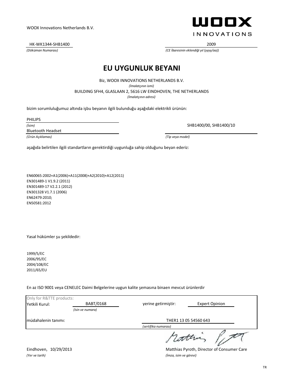 Eu uygunluk beyani | Philips SHB1400-00 User Manual | Page 21 / 21