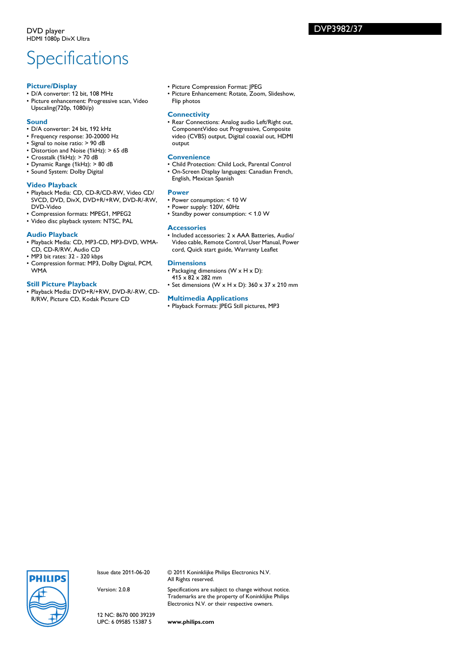 Specifications | Philips DVP3982-37B User Manual | Page 3 / 3