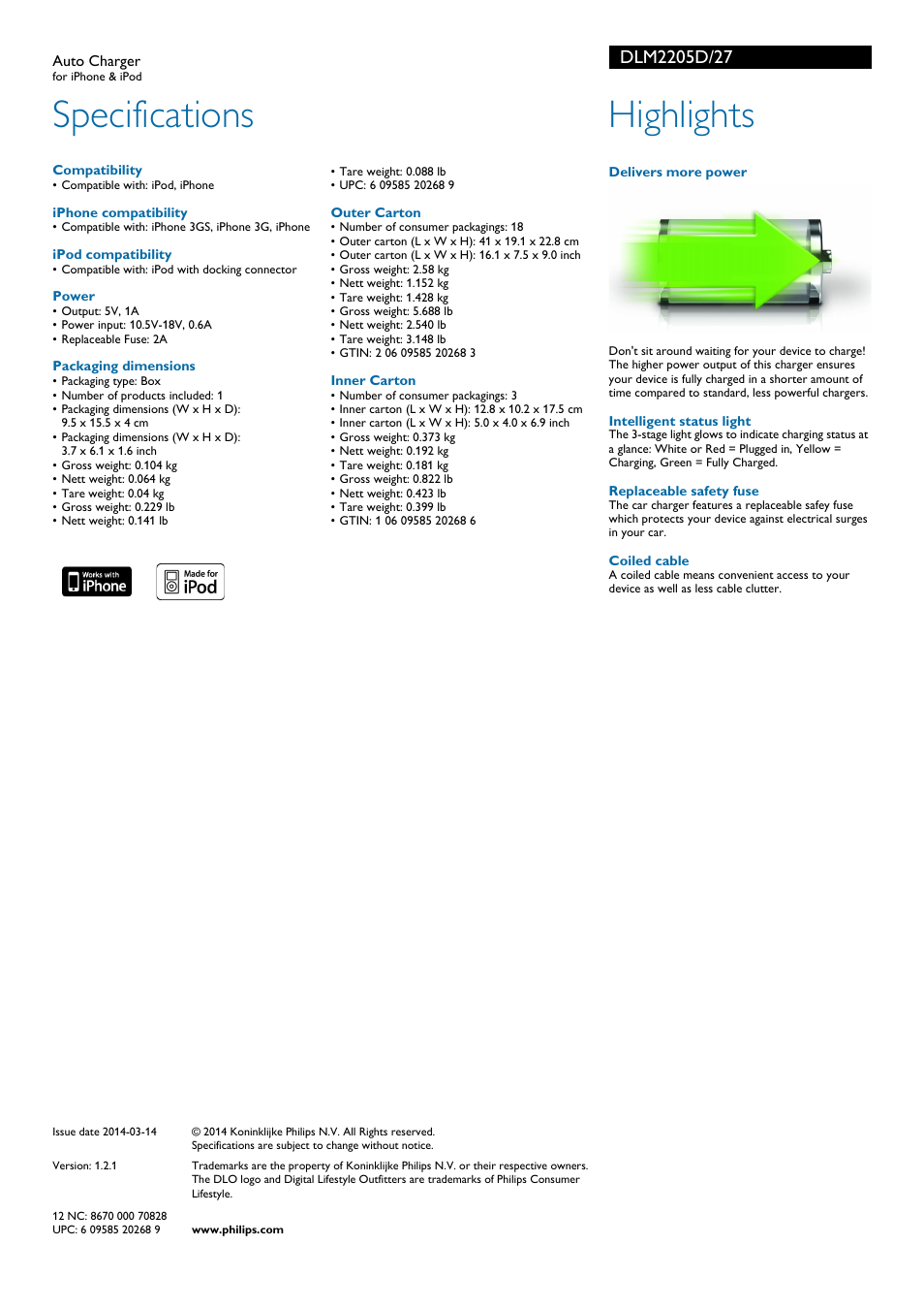 Specifications, Highlights | Philips DLM2205D-27 User Manual | Page 2 / 2