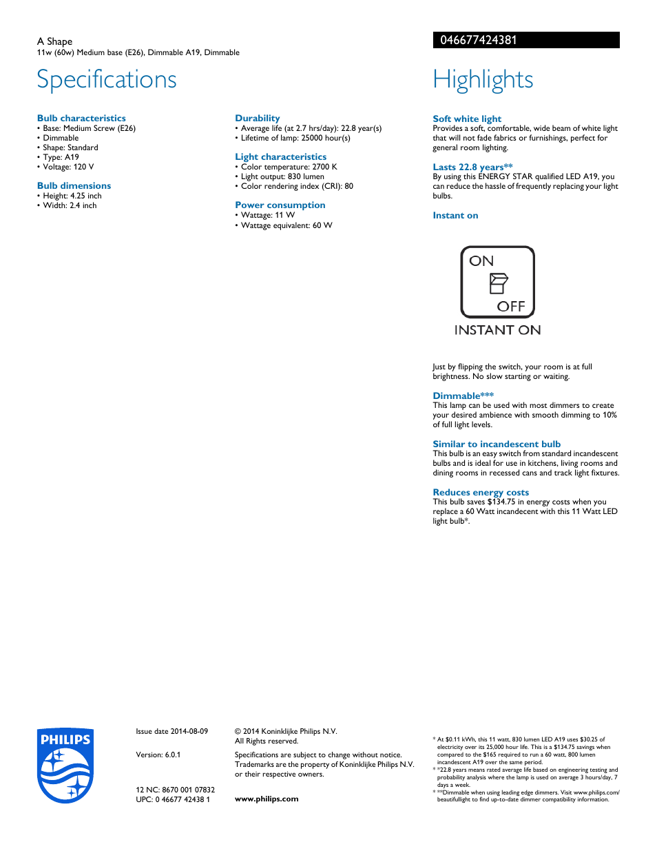 Specifications, Highlights | Philips LED A Shape 046677424381 11w 60w Medium base E26 Dimmable A19 Dimmable User Manual | Page 2 / 2