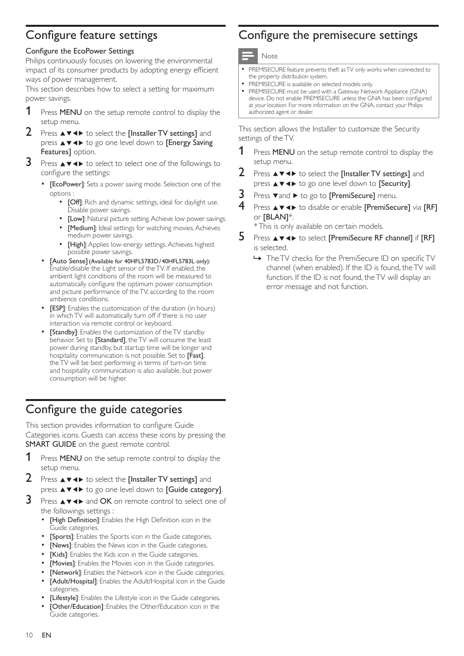 Configure feature settings, Configure the guide categories, Configure the premisecure settings | Philips 32HFL5763D-F7 User Manual | Page 10 / 12