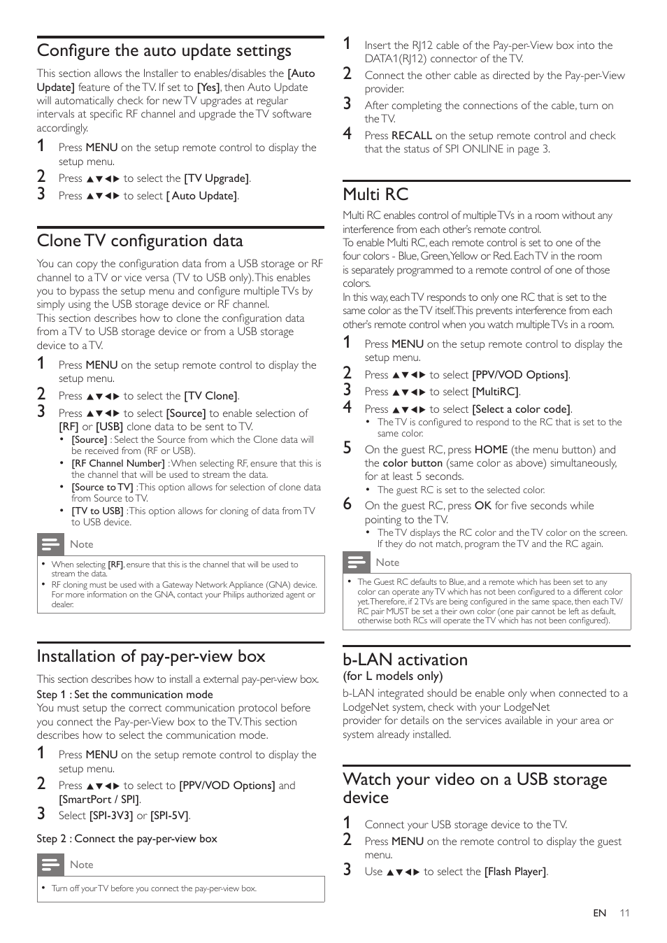 Configure the auto update settings, Clone tv configuration data, Installation of pay-per-view box | Multi rc, B-lan activation, Watch your video on a usb storagedevice, Watch your video on a usb storage device 1 | Philips 32HFL5763D-F7 User Manual | Page 11 / 12