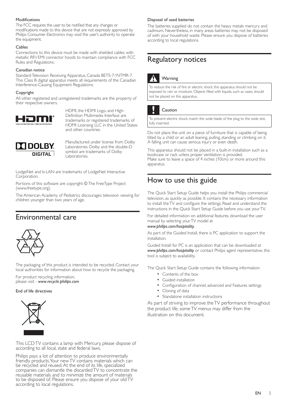 Environmental care, Regulatory notices, How to use this guide | Philips 32HFL5763D-F7 User Manual | Page 5 / 12