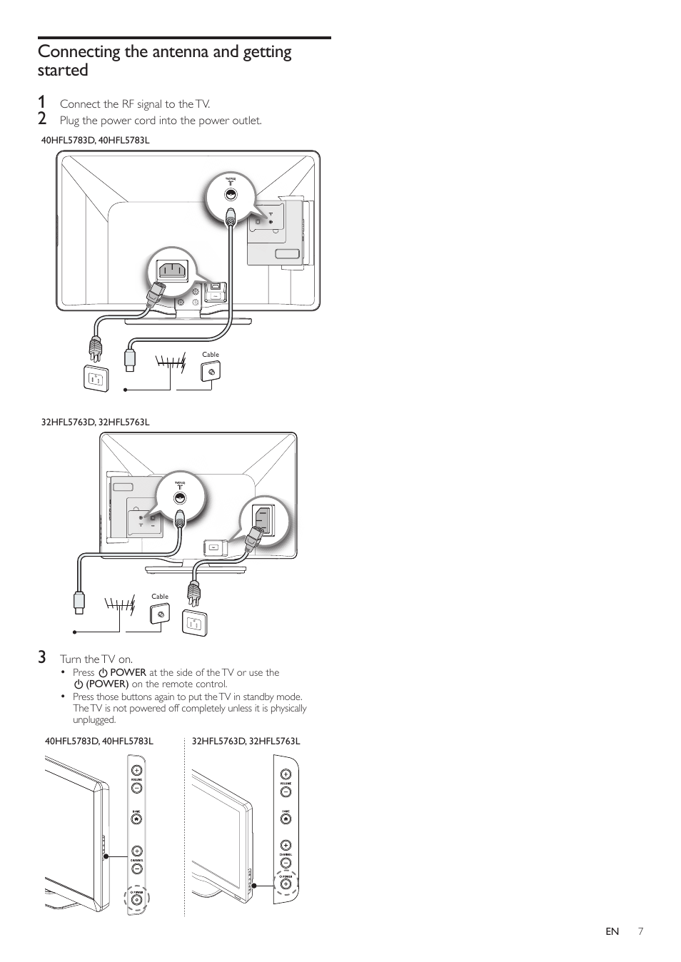 Connecting the antenna and gettingstarted, Connecting the antenna and getting started 1 | Philips 32HFL5763D-F7 User Manual | Page 7 / 12