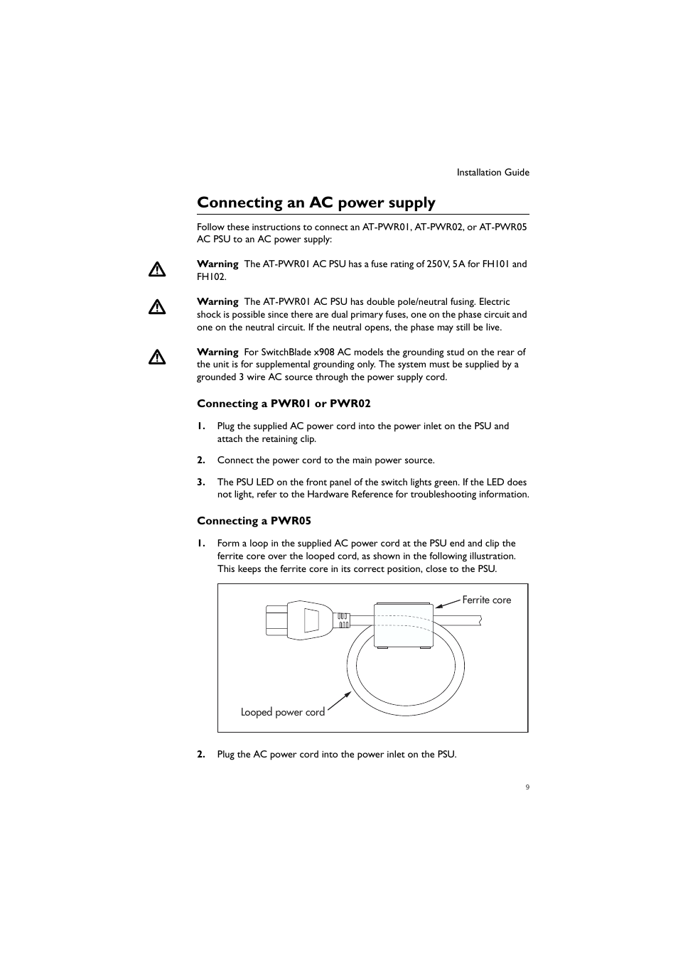 Connecting an ac power supply | Allied Telesis AT-PWR02 User Manual | Page 10 / 21