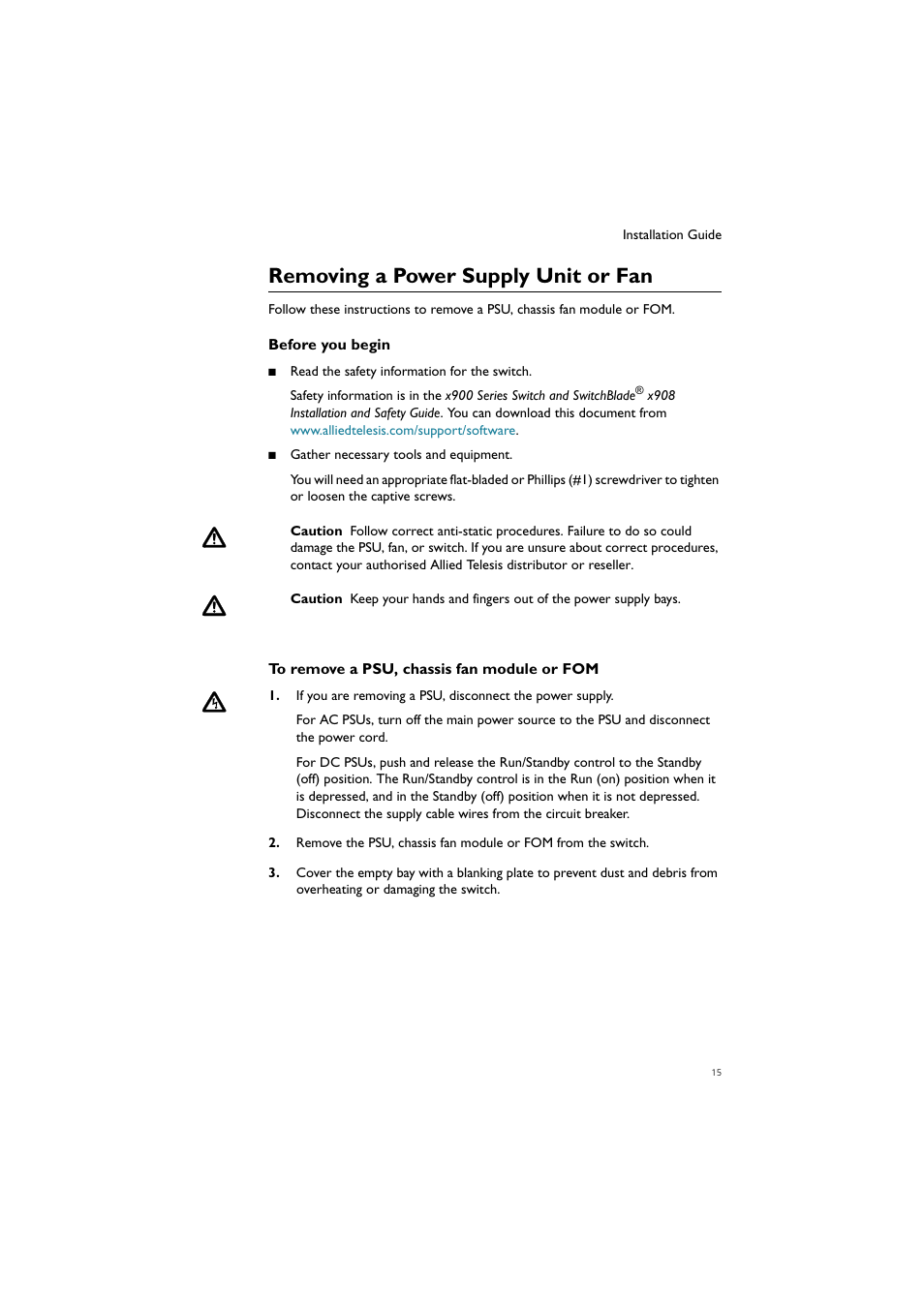 Removing a power supply unit or fan | Allied Telesis AT-PWR02 User Manual | Page 16 / 21