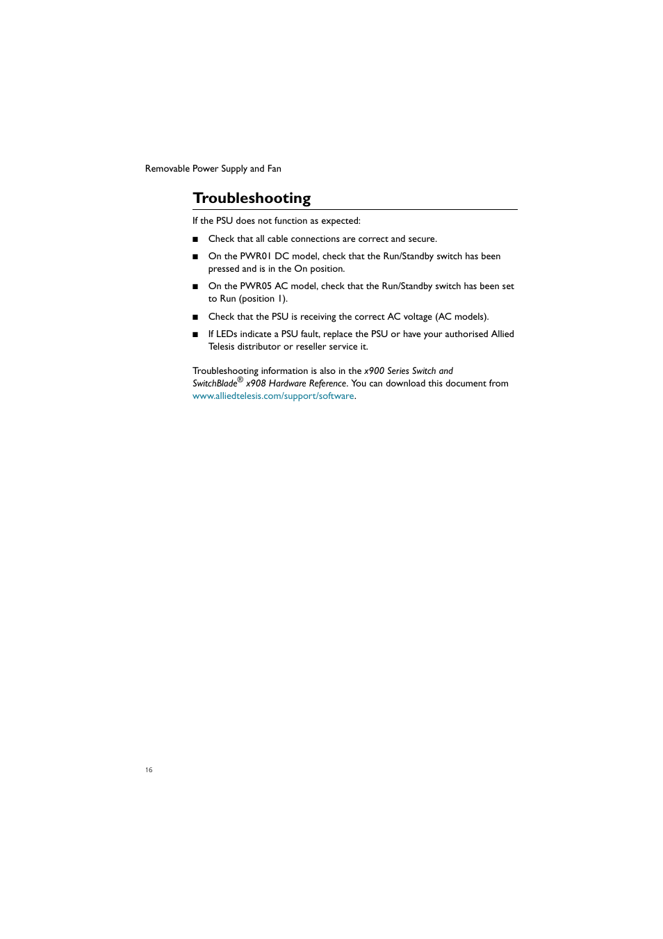 Troubleshooting | Allied Telesis AT-PWR02 User Manual | Page 17 / 21