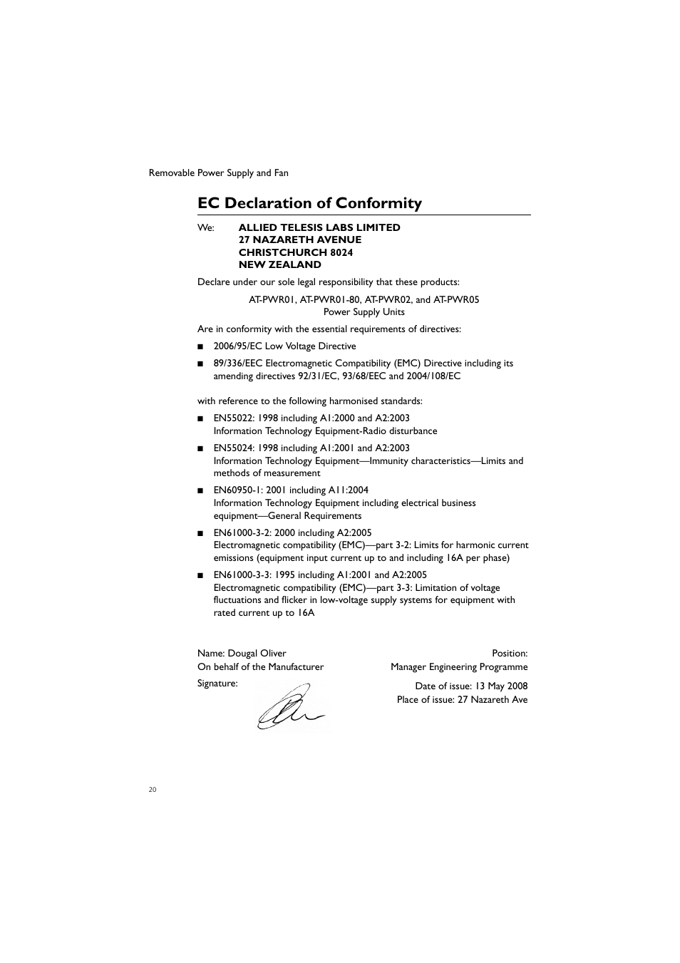 Ec declaration of conformity | Allied Telesis AT-PWR02 User Manual | Page 21 / 21