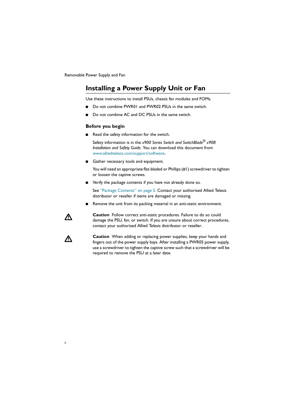 Installing a power supply unit or fan | Allied Telesis AT-PWR02 User Manual | Page 7 / 21