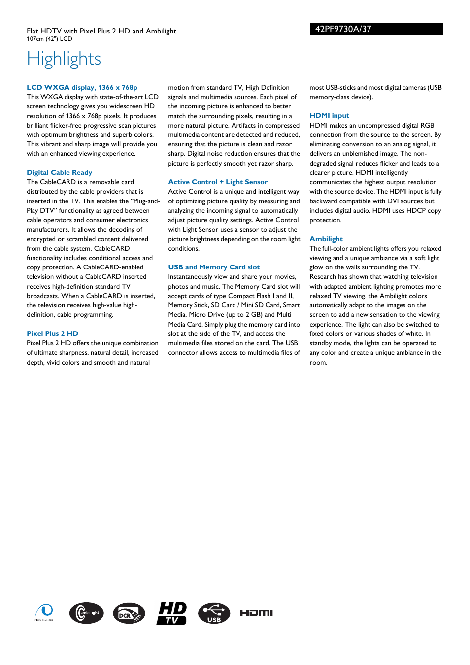 Highlights | Philips 42PF9730A-37 User Manual | Page 2 / 3