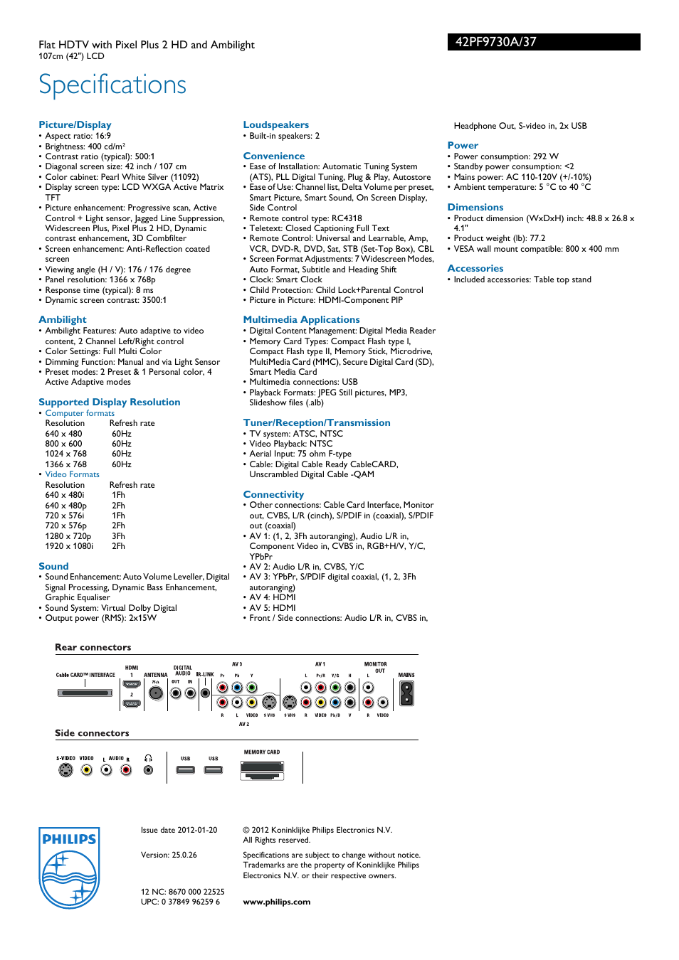 Specifications | Philips 42PF9730A-37 User Manual | Page 3 / 3