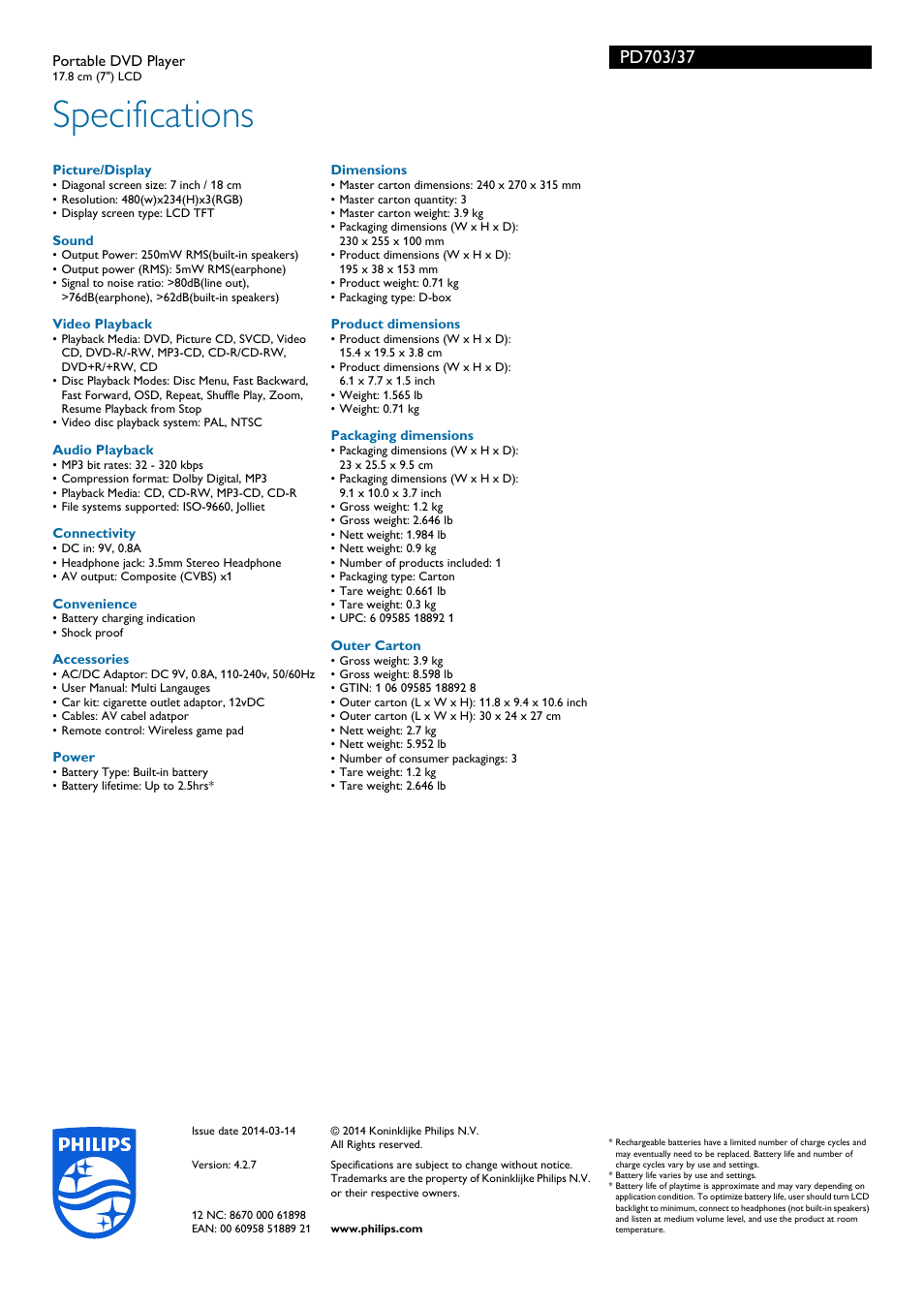 Specifications | Philips PD703-37 User Manual | Page 3 / 3
