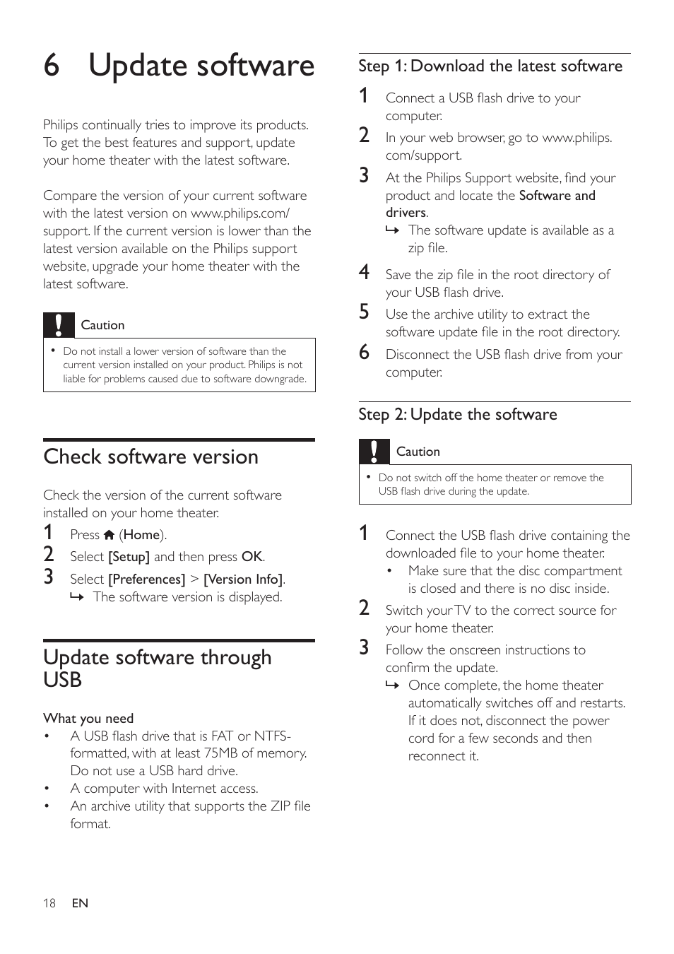 6 update software, Check software version, Update software through usb | Philips HTD3514-F7 User Manual | Page 20 / 30