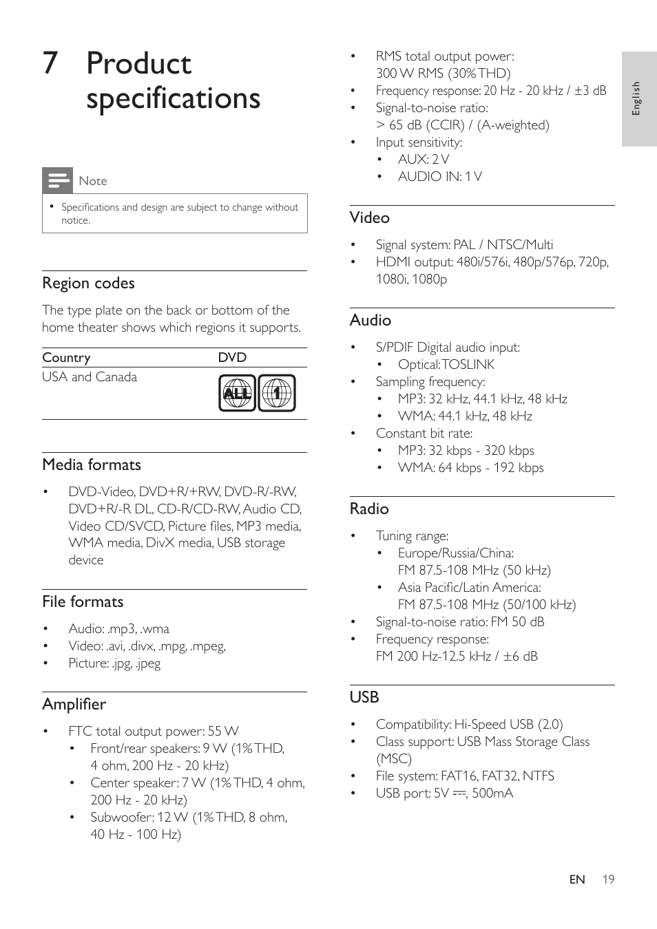 7 product specifications, Before you play a file, check that the file, Format is supported by your home theater (see | Philips HTD3514-F7 User Manual | Page 21 / 30