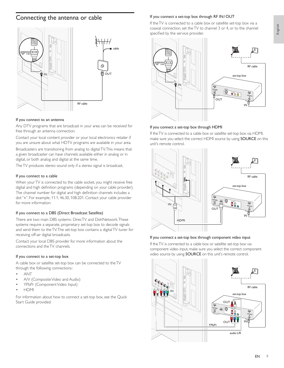 Connecting the antenna or cable | Philips 3000 series LCD TV 55PFL3907 55" class-po User Manual | Page 10 / 54