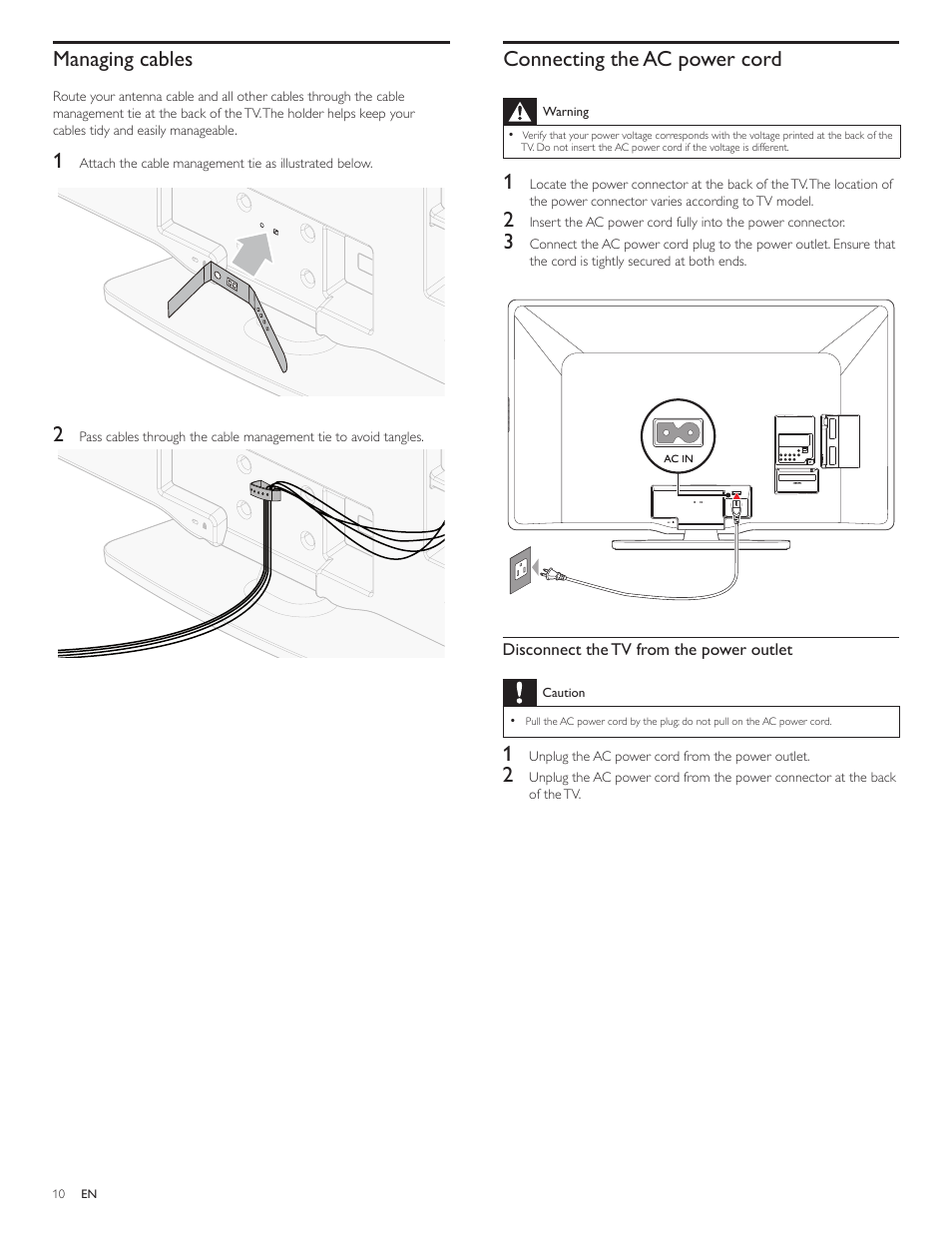 Managing cab, Connecting the ac power cord, Managing cables | Philips 3000 series LCD TV 55PFL3907 55" class-po User Manual | Page 11 / 54