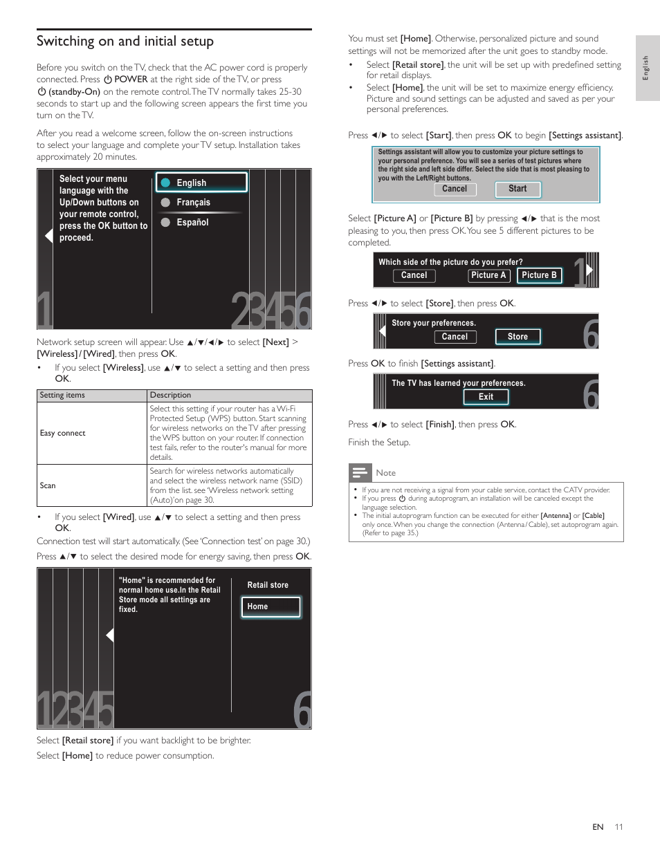 Switching on and initial setup | Philips 3000 series LCD TV 55PFL3907 55" class-po User Manual | Page 12 / 54