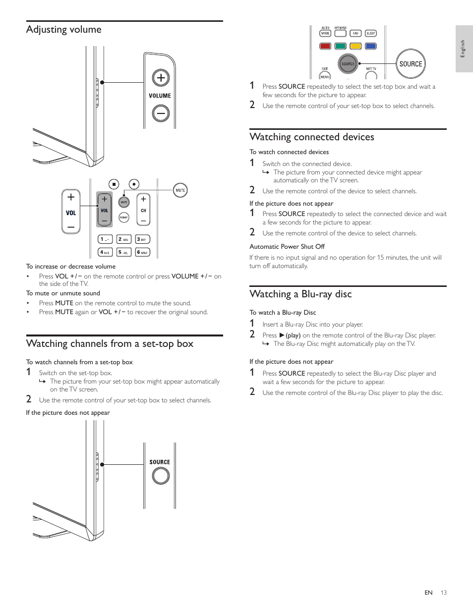 Adjusting volume, Watching channels from a set-top box, Watching connected devices | Watching a blu-ray disc | Philips 3000 series LCD TV 55PFL3907 55" class-po User Manual | Page 14 / 54