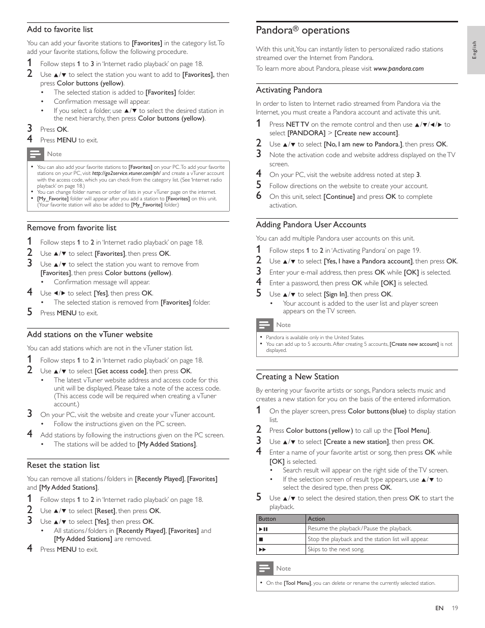 Pandora® operations, Operations, Pandora | Philips 3000 series LCD TV 55PFL3907 55" class-po User Manual | Page 20 / 54