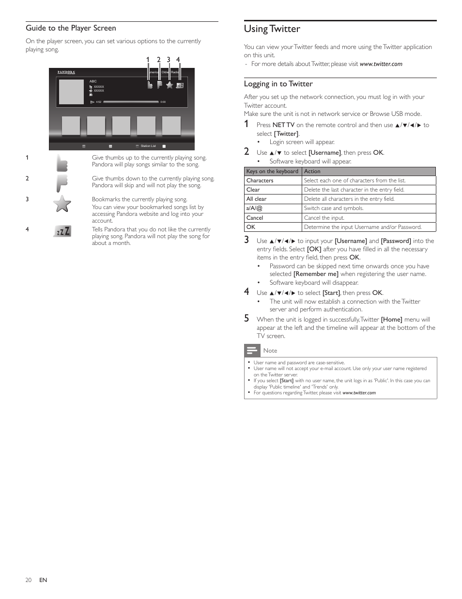 Using twitter, Logging in to twitter, Guide to the player screen | Philips 3000 series LCD TV 55PFL3907 55" class-po User Manual | Page 21 / 54