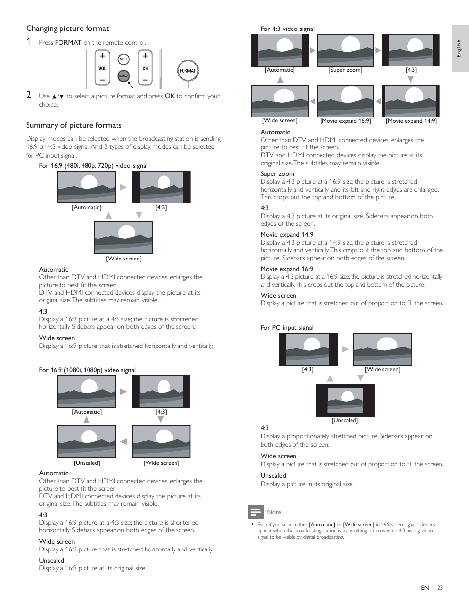 Changing picture format, Summary of picture formats | Philips 3000 series LCD TV 55PFL3907 55" class-po User Manual | Page 24 / 54