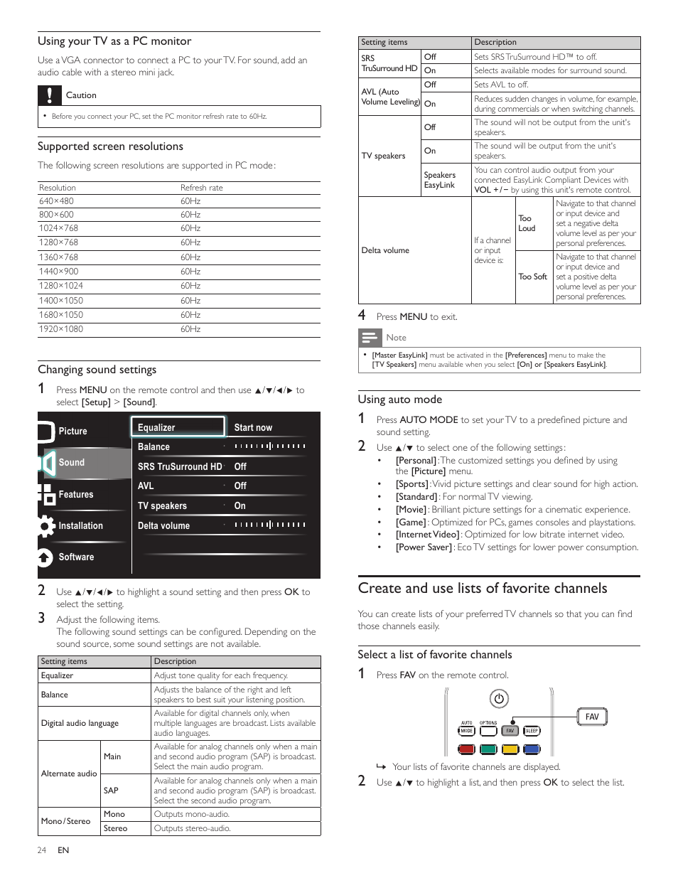 Create and use lists of favorite channels, Using auto mode, Select a list of favorite channels | Using your tv as a pc monitor, Supported screen resolutions, Changing sound settings | Philips 3000 series LCD TV 55PFL3907 55" class-po User Manual | Page 25 / 54