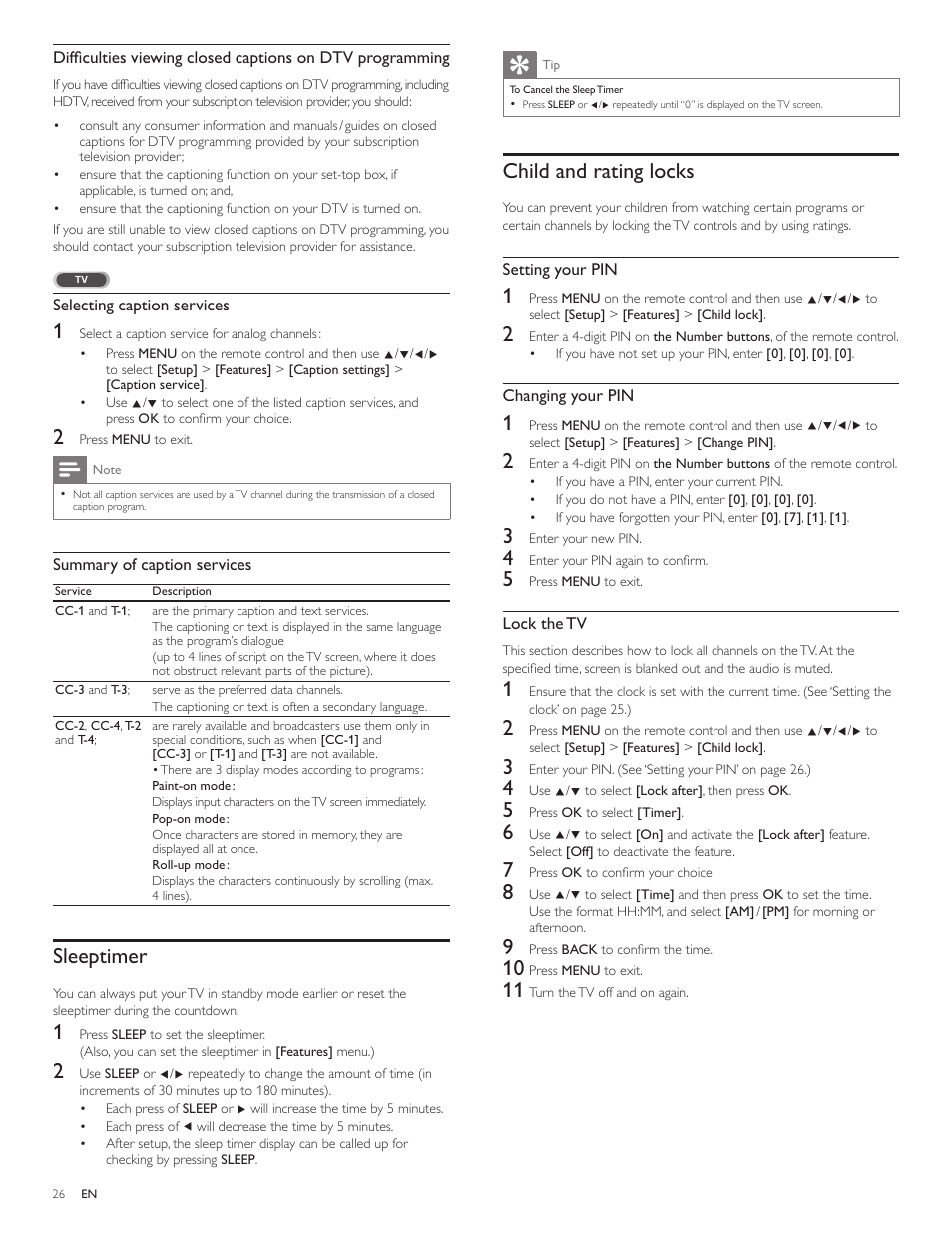 Sleeptimer, Child and rating locks | Philips 3000 series LCD TV 55PFL3907 55" class-po User Manual | Page 27 / 54