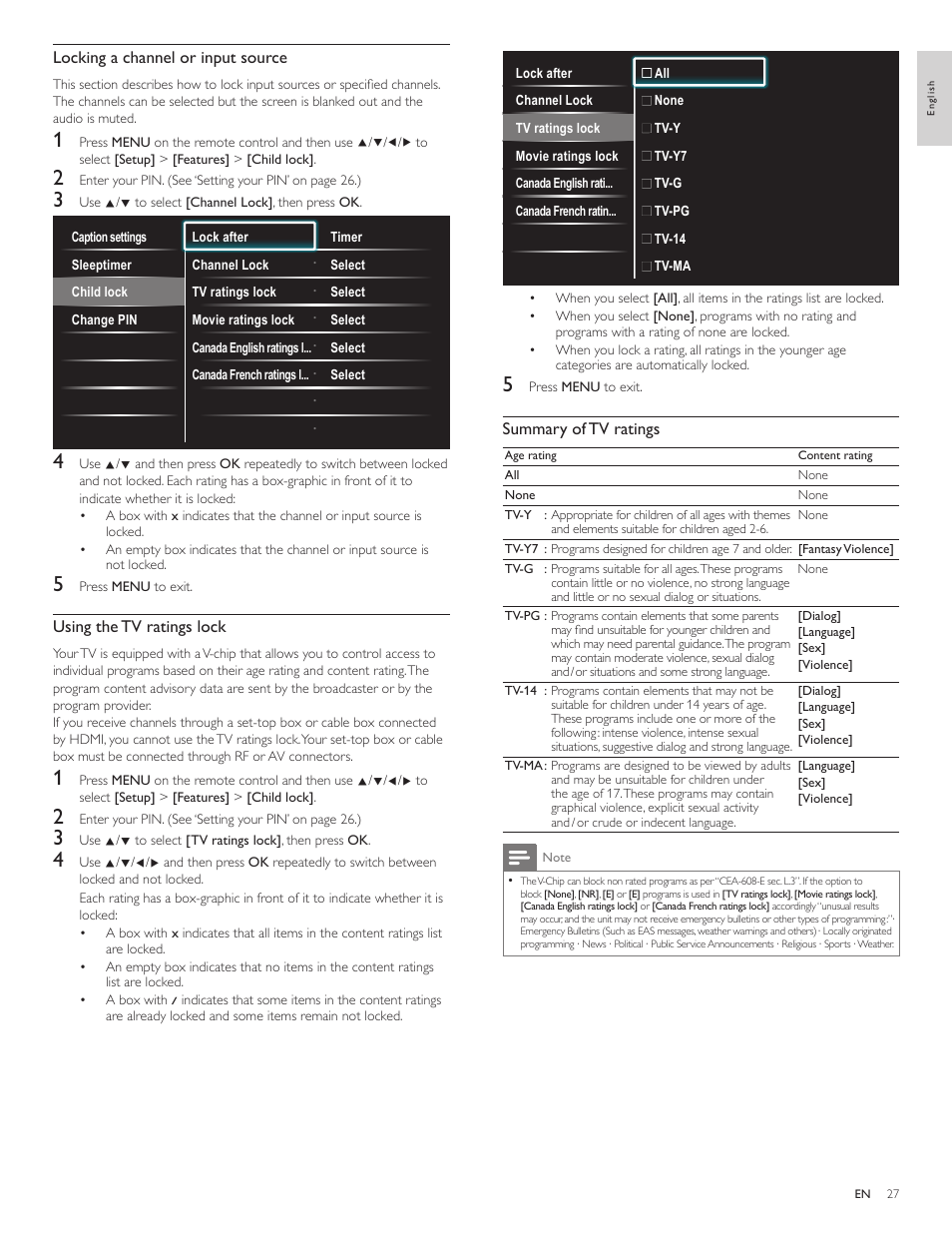Summary of tv ratings, Locking a channel or input source, Using the tv ratings lock | Philips 3000 series LCD TV 55PFL3907 55" class-po User Manual | Page 28 / 54