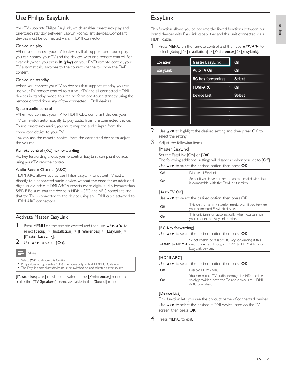 Use philips easylink, Easylink, Activate master easylink | Philips 3000 series LCD TV 55PFL3907 55" class-po User Manual | Page 30 / 54