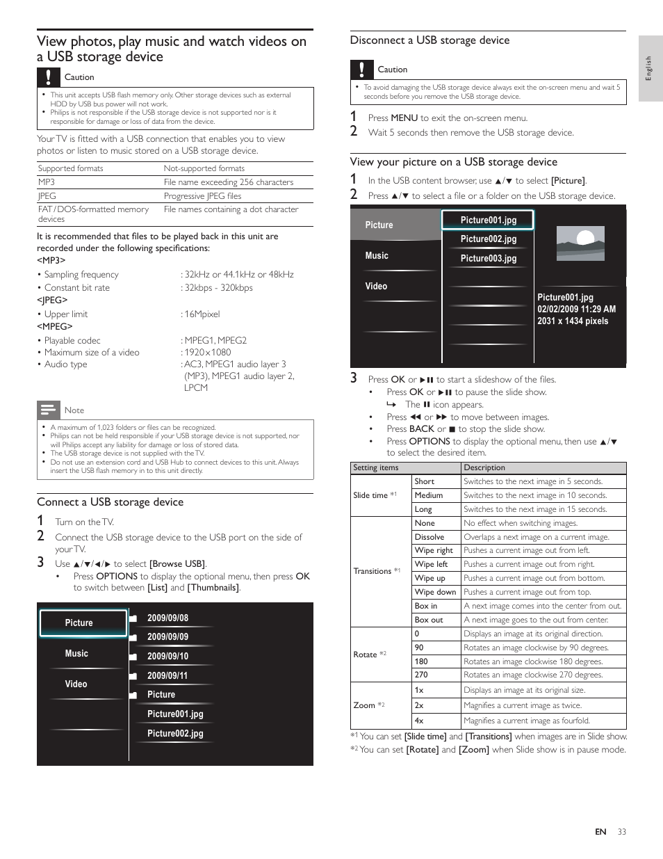 View photos, play music and watch videos, On a usb storage device, Disconnect a usb storage device | View your picture on a usb storage device, Connect a usb storage device | Philips 3000 series LCD TV 55PFL3907 55" class-po User Manual | Page 34 / 54