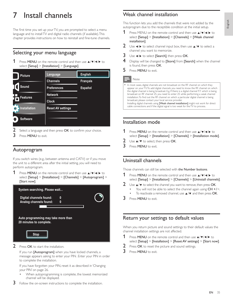 7 install channels, Selecting your menu language, Autoprogram | Weak channel instal, Installation mode, Uninstall channels, Return your settings to default values, Weak channel installation, Installation mode 1, Selecting your menu language 1 | Philips 3000 series LCD TV 55PFL3907 55" class-po User Manual | Page 36 / 54