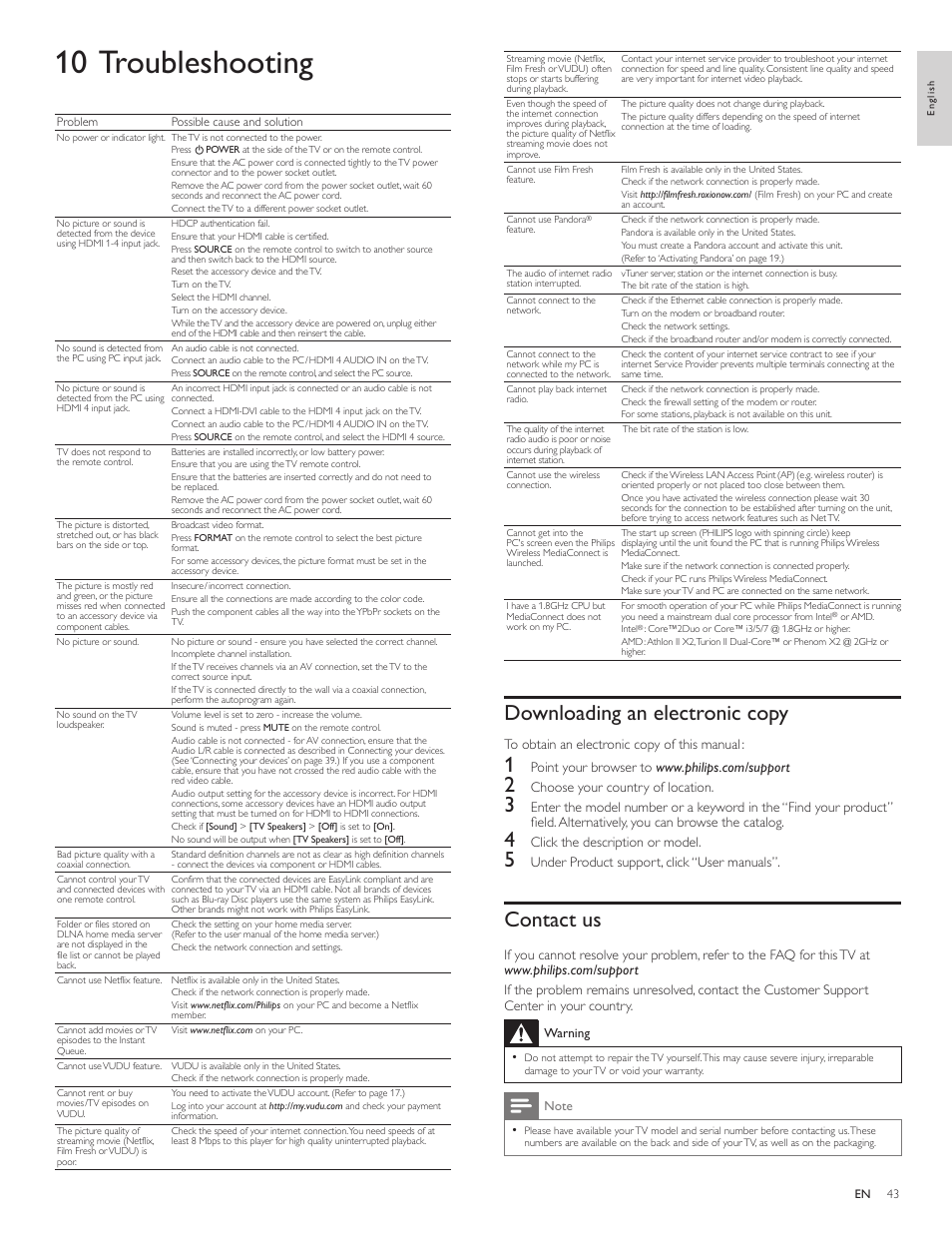 10 troubleshooting, Downloading an electronic copy, Contact us | Philips 3000 series LCD TV 55PFL3907 55" class-po User Manual | Page 44 / 54