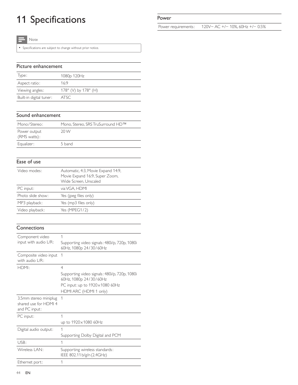 11 specifications | Philips 3000 series LCD TV 55PFL3907 55" class-po User Manual | Page 45 / 54