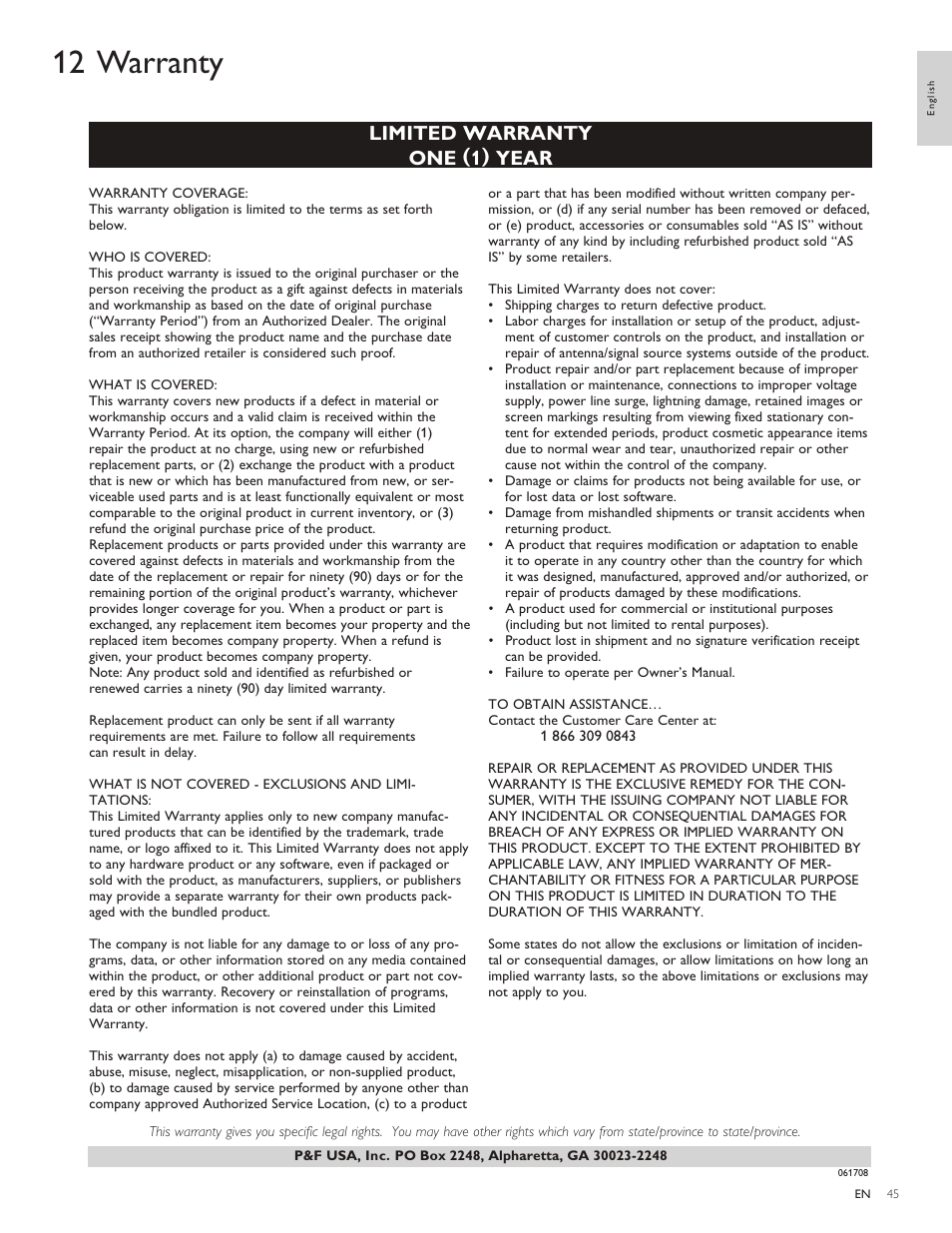 12 warranty, Limited warranty one (1) year | Philips 3000 series LCD TV 55PFL3907 55" class-po User Manual | Page 46 / 54