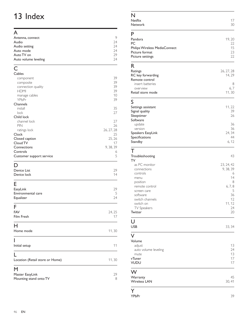 13 index | Philips 3000 series LCD TV 55PFL3907 55" class-po User Manual | Page 47 / 54