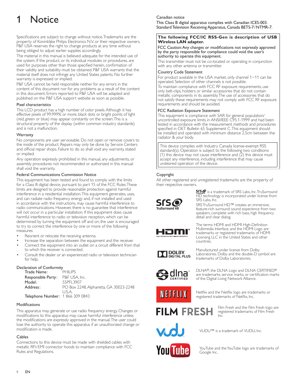 1 notice | Philips 3000 series LCD TV 55PFL3907 55" class-po User Manual | Page 5 / 54