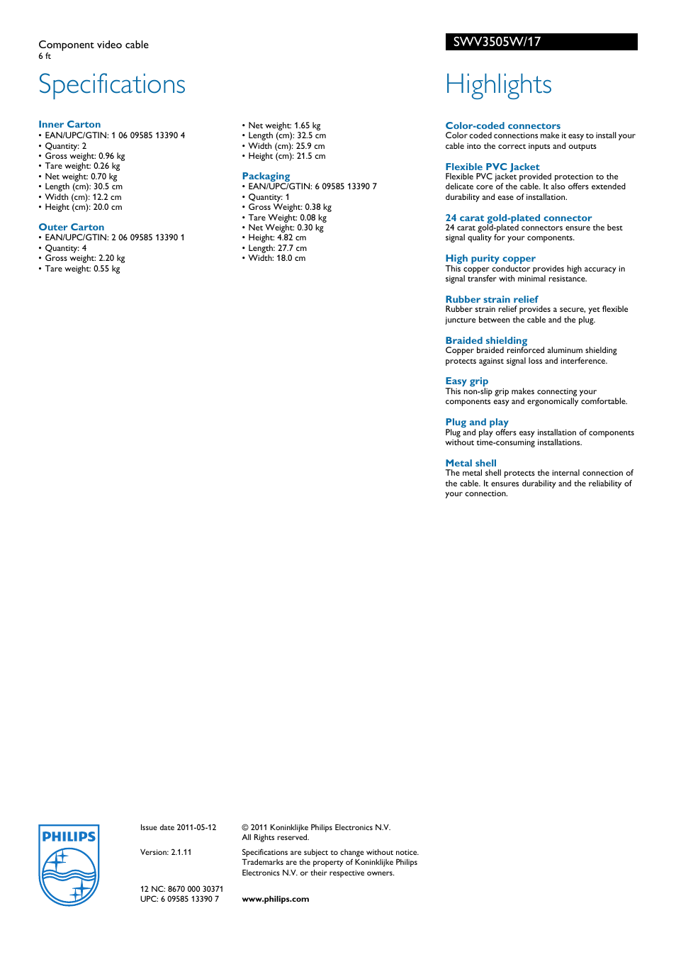 Specifications, Highlights | Philips SWV3505W-17 User Manual | Page 2 / 2