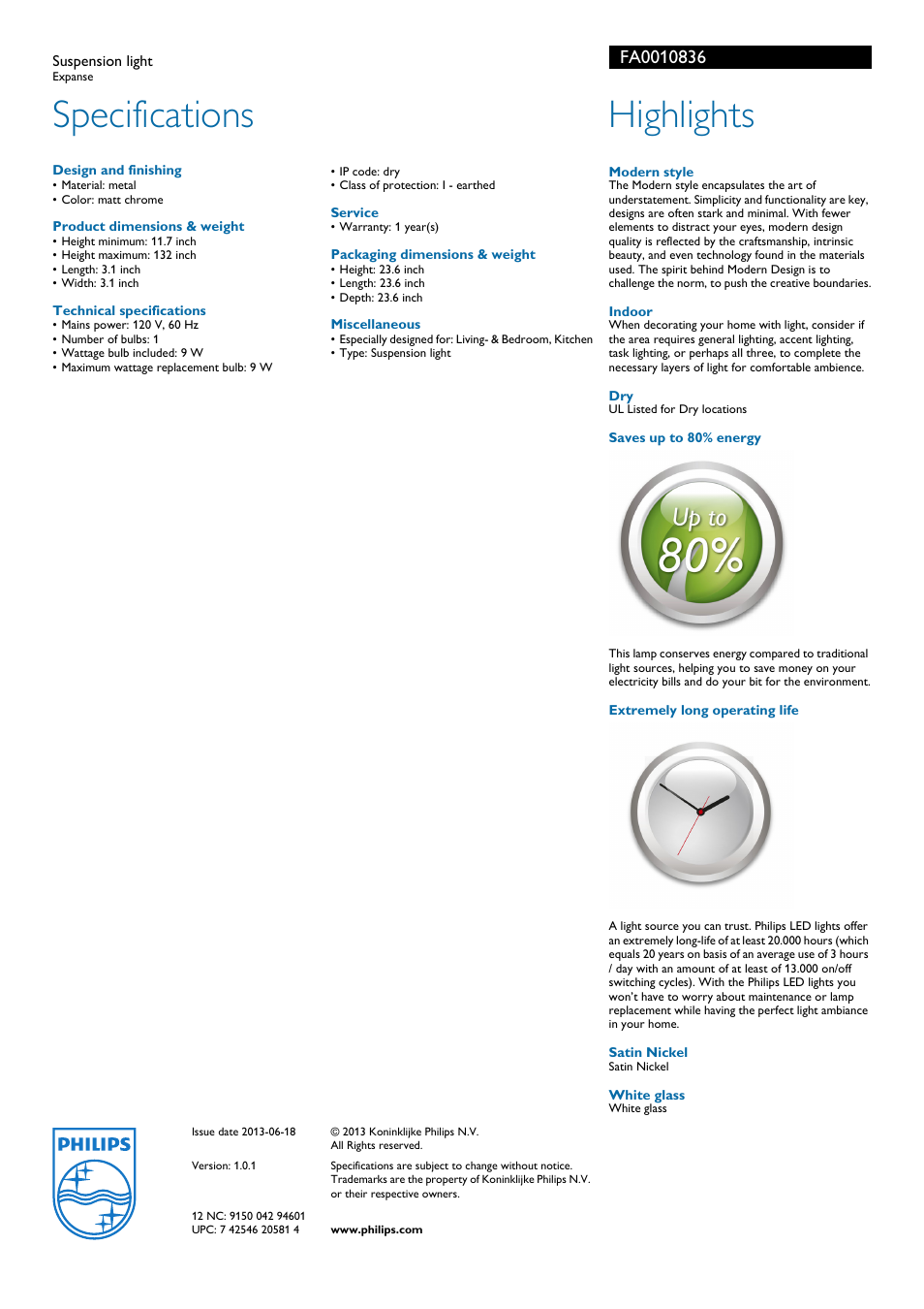 Specifications, Highlights | Philips FA0010836 User Manual | Page 2 / 2