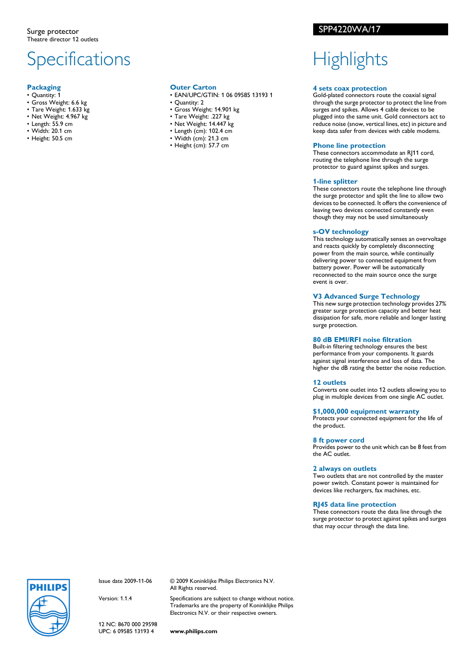 Specifications, Highlights | Philips SPP4220WA-17 User Manual | Page 2 / 2