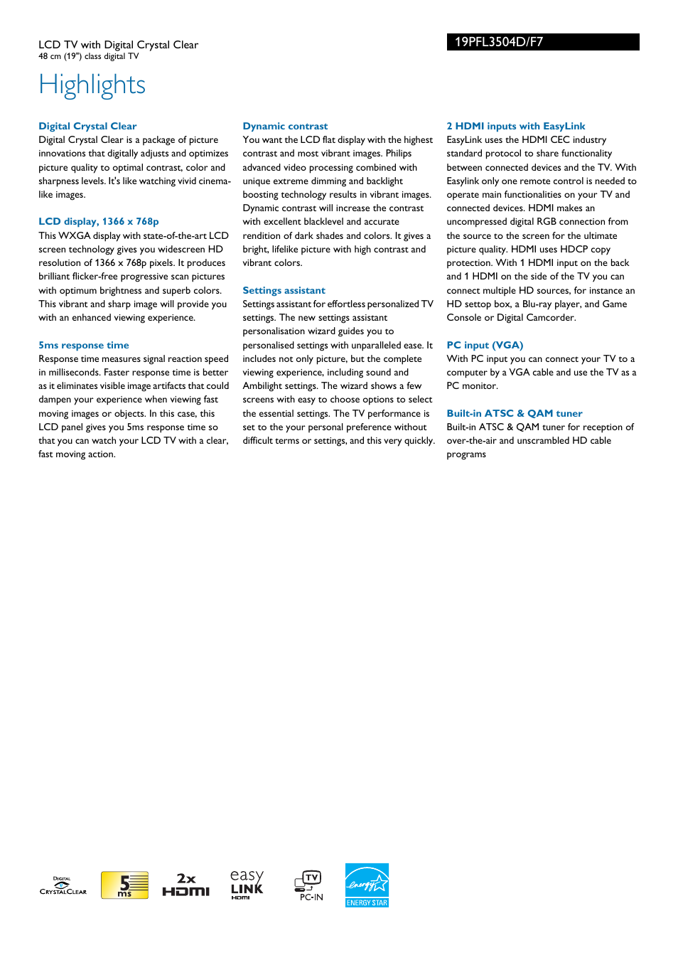 Highlights | Philips 19PFL3504D-F7B User Manual | Page 2 / 3