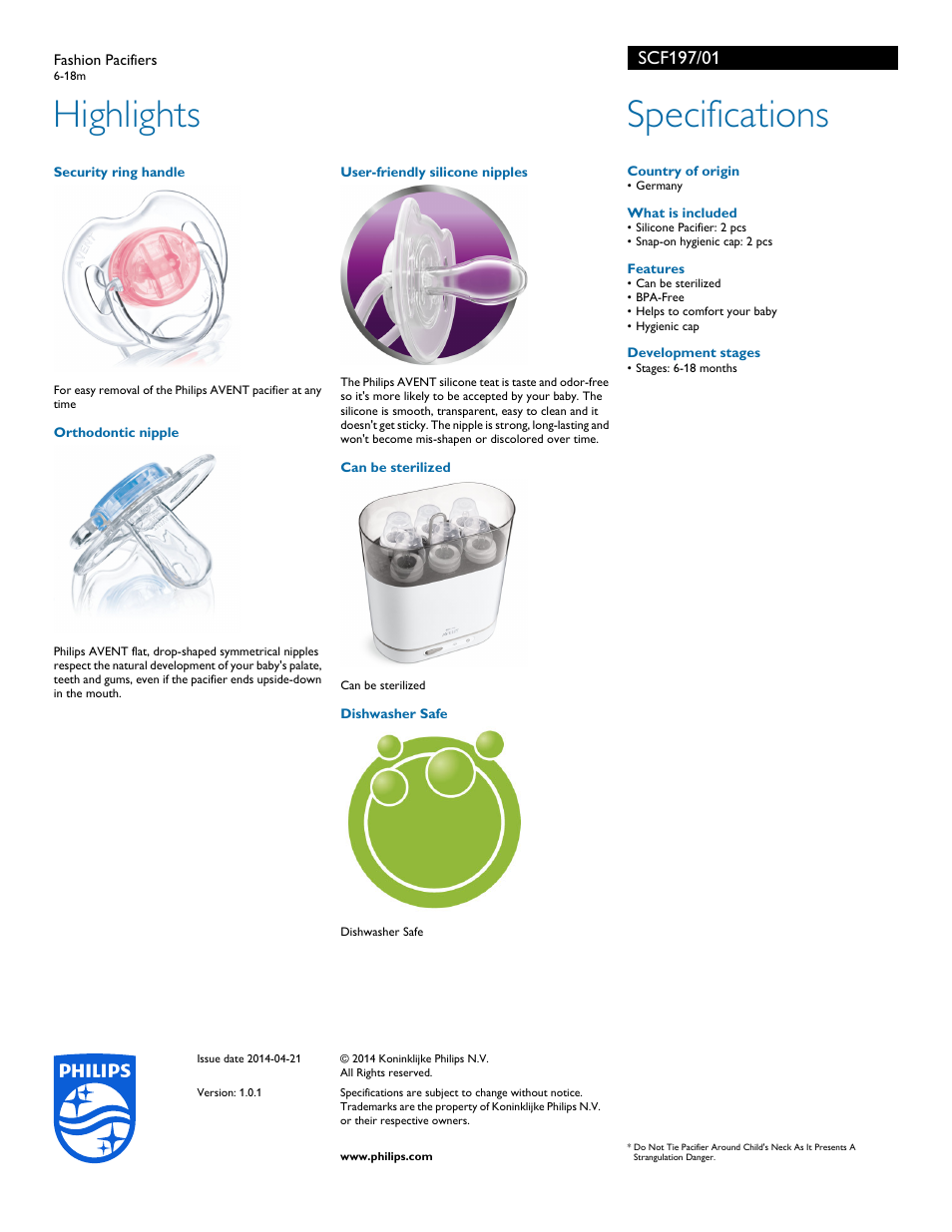 Highlights, Specifications | Philips Fashion Pacifiers SCF197 6-18m User Manual | Page 2 / 2