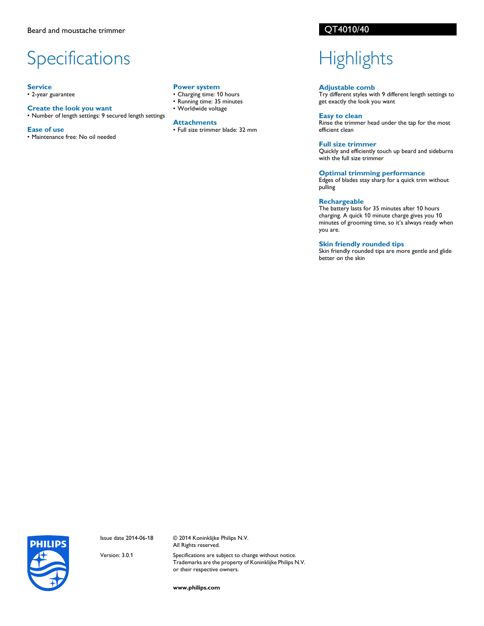 Specifications, Highlights | Philips QT4010-40 User Manual | Page 2 / 2