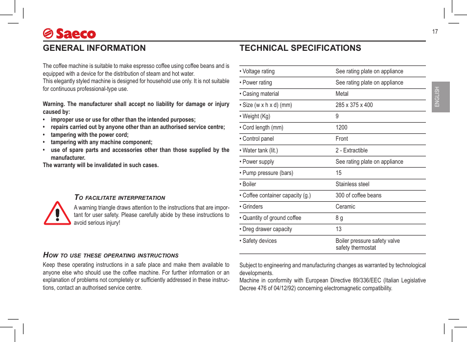 General information, Technical specifications | Philips 10000032 User Manual | Page 17 / 100