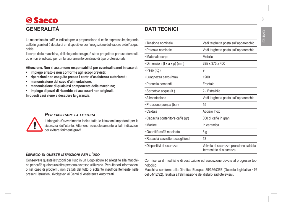 Generalità, Dati tecnici | Philips 10000032 User Manual | Page 3 / 100