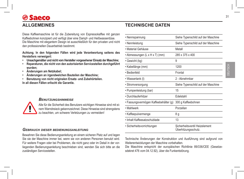 Allgemeines, Technische daten | Philips 10000032 User Manual | Page 31 / 100