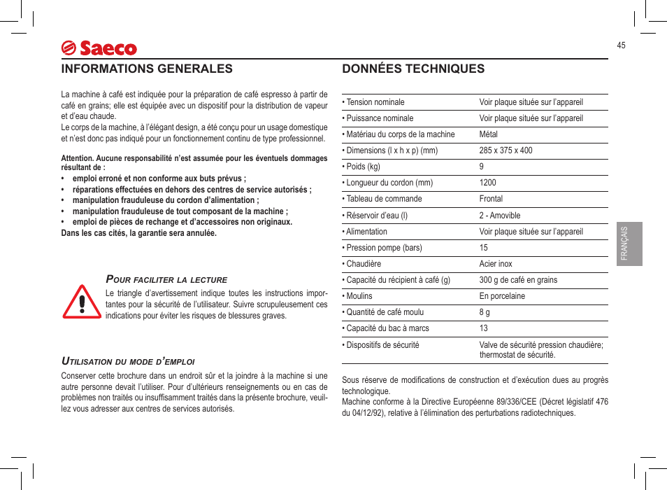Informations generales, Données techniques | Philips 10000032 User Manual | Page 45 / 100