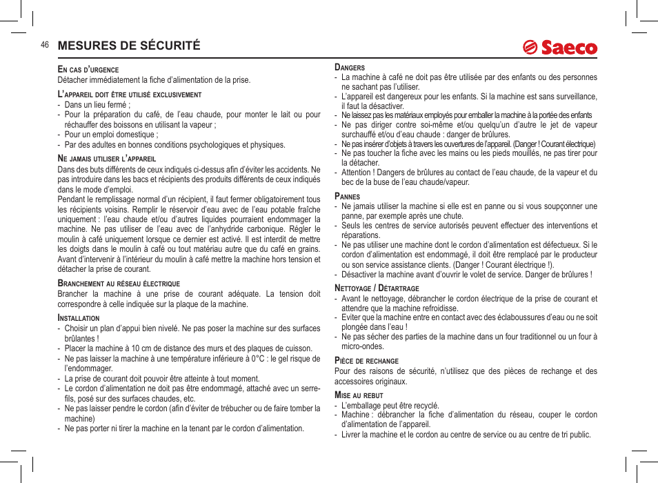 Mesures de sécurité | Philips 10000032 User Manual | Page 46 / 100