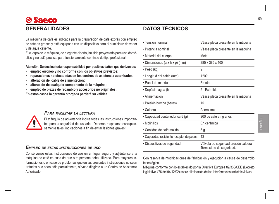 Generalidades, Datos técnicos | Philips 10000032 User Manual | Page 59 / 100