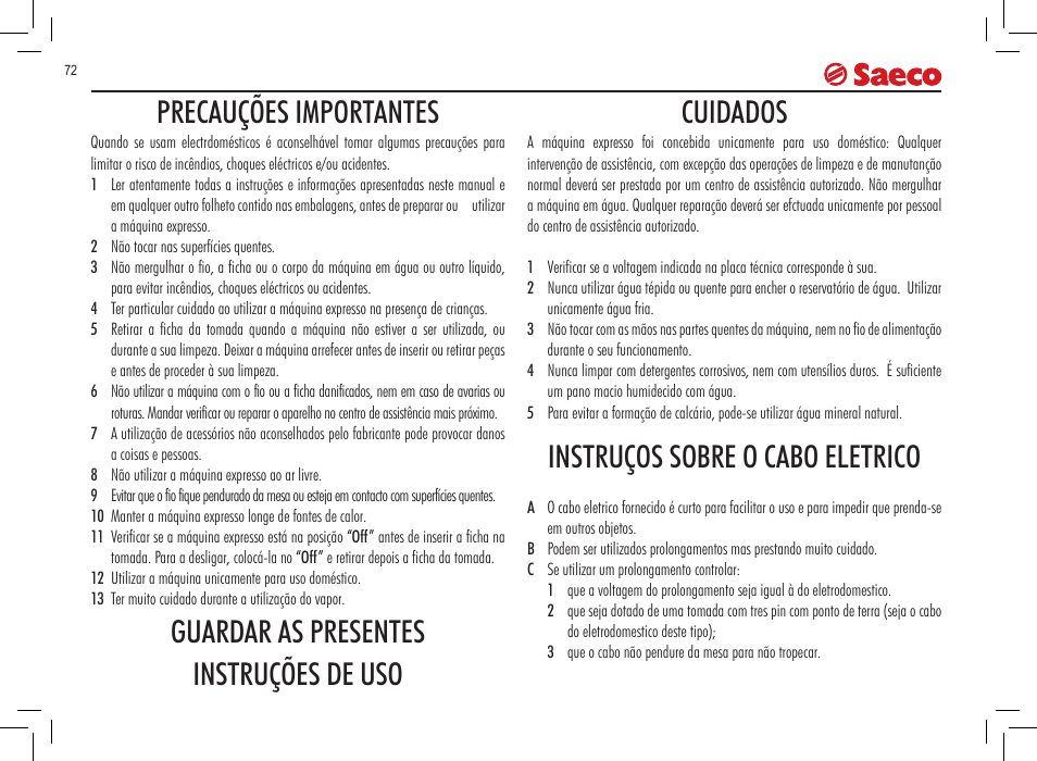 Precauções importantes, Guardar as presentes instruções de uso cuidados, Instruços sobre o cabo eletrico | Philips 10000032 User Manual | Page 72 / 100