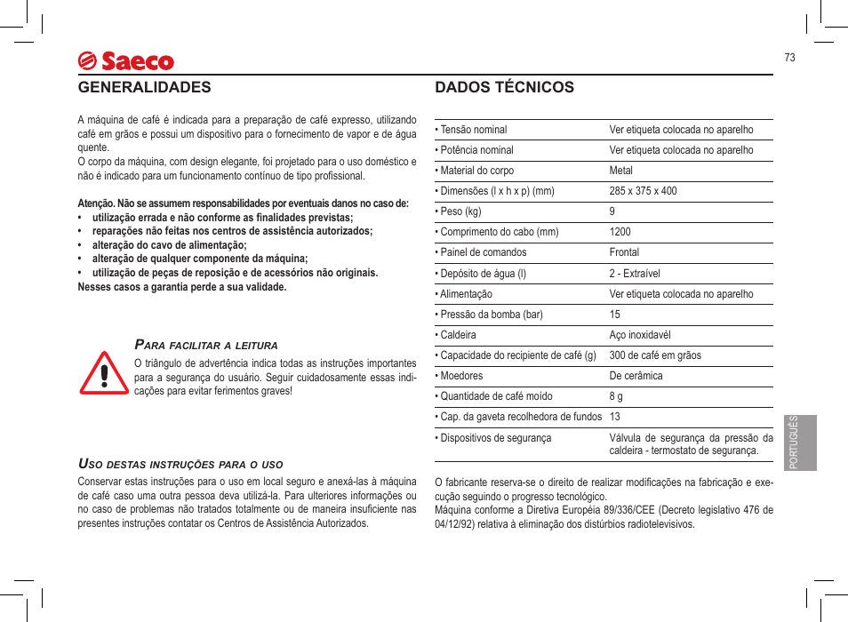 Generalidades, Dados técnicos | Philips 10000032 User Manual | Page 73 / 100